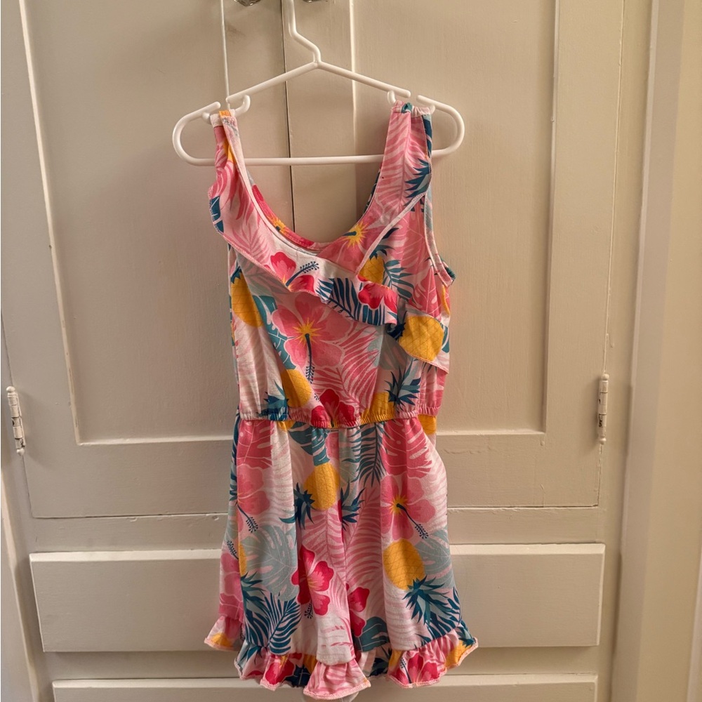Girls Pink Tropical Print Sleeveless Romper